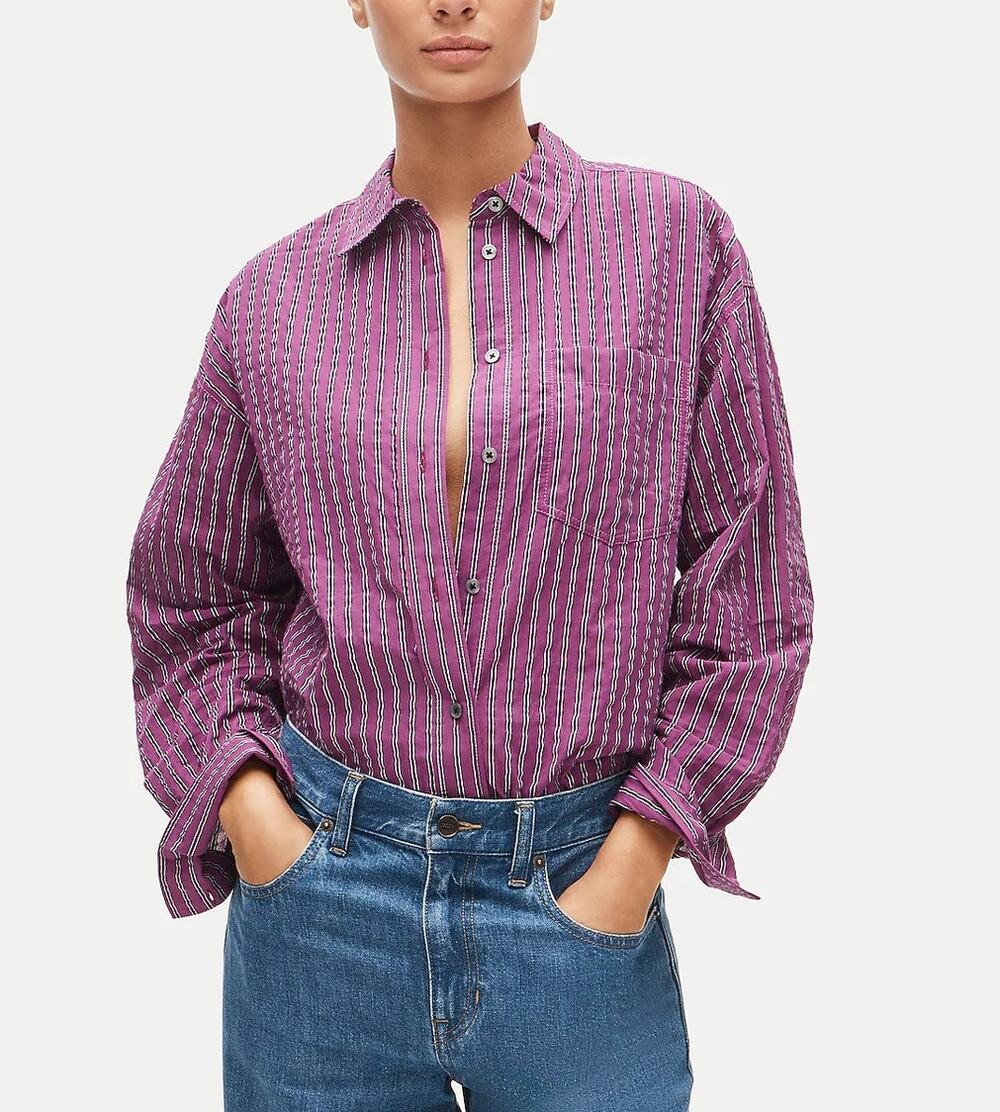 J. Crew Étienne Oversized Fit Dobby Stripe Button-Up Shirt Faded Fuchsia XXS